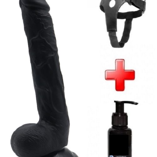 Evatoy 27 cm Siyah Realistik Vantuzlu Dildo Penis Kemer Kayganlaştırıcı Set