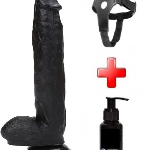 Evatoy 31 cm Siyah Büyük Boy Realistik Vantuzlu Dildo Penis Kemer Kayganlaştırıcı Set