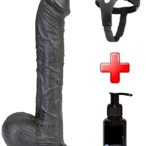 Evatoy 33 cm Siyah Dev Realistik Dildo Penis Kemer Kayganlaştırıcı Set