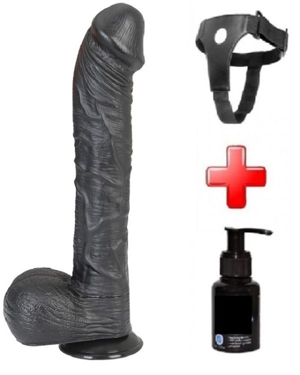 Evatoy 33 cm Siyah Dev Realistik Dildo Penis Kemer Kayganlaştırıcı Set