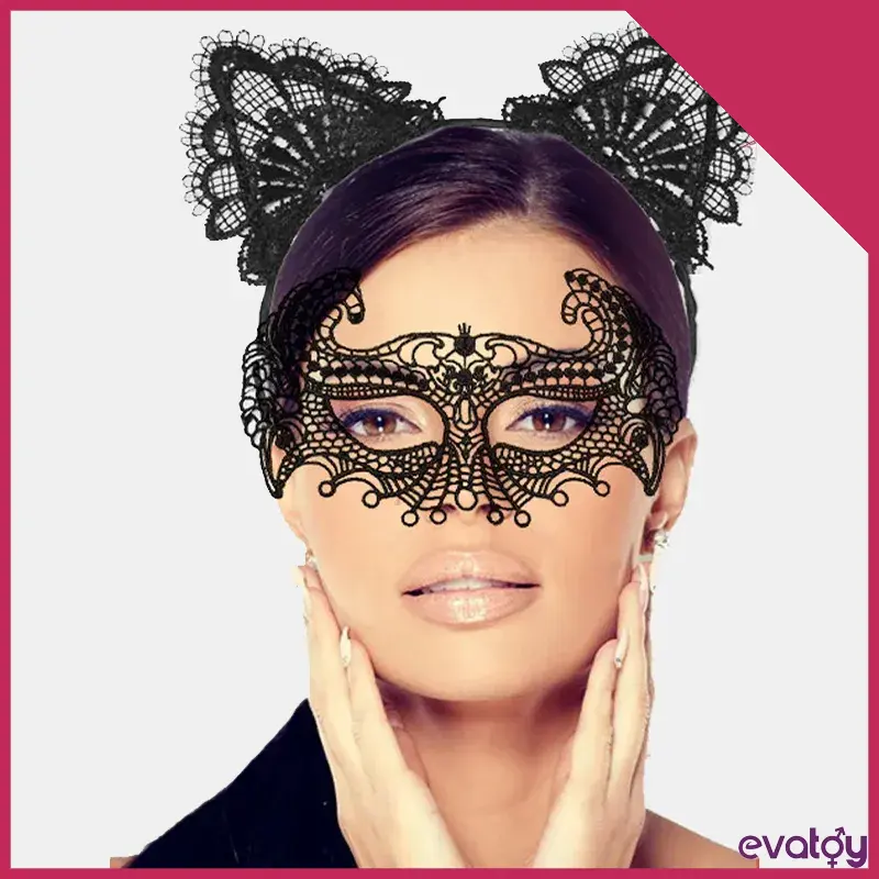 Maskeli Balo Siyah Dantel Maske ve Taç Takımı
