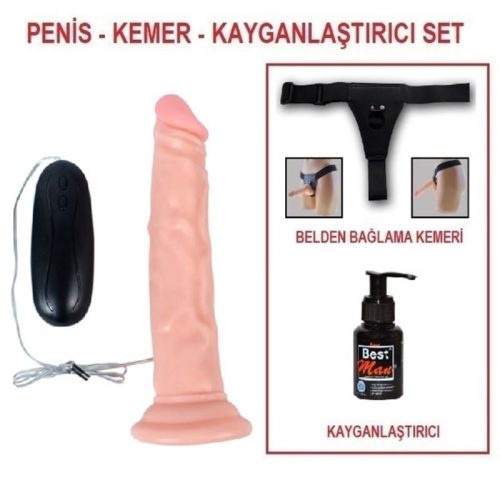 Evatoy 18,5 cm Belden Bağlamalı Titreşimli Realistik Testissiz Dildo Penis Set